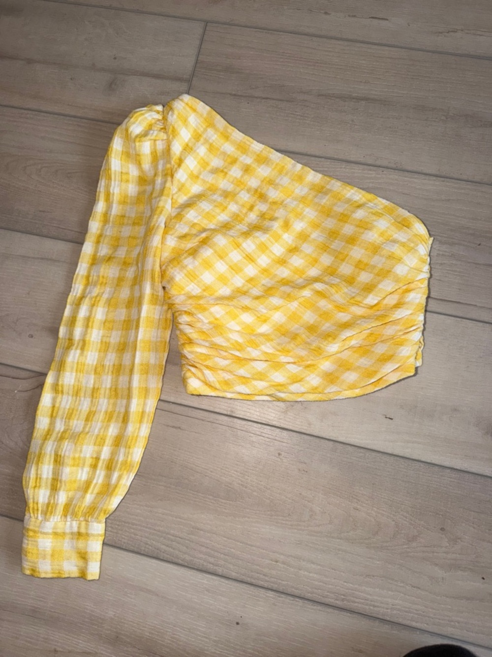 Zara Yellow & White One-Shoulder Gingham Crop Top with Puff Sleeve